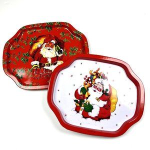 Vintage Santa Mini Tin Trays Lot of 2 Platter Christmas Display Decor